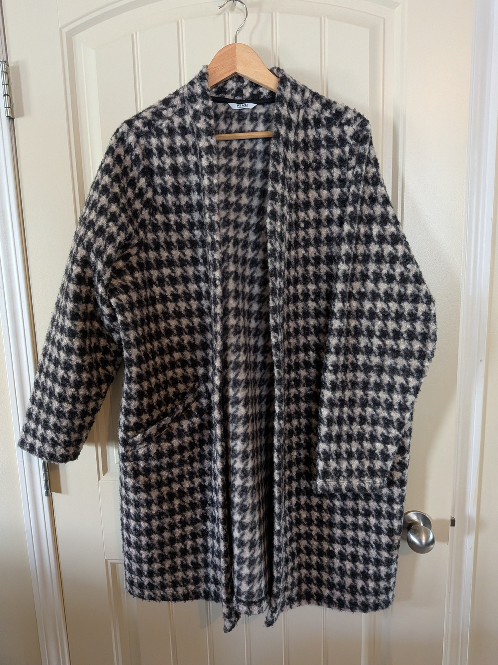 NWOT Cozy Houndstooth Open Front Long Coatigan In Black & Cream - Penningtons